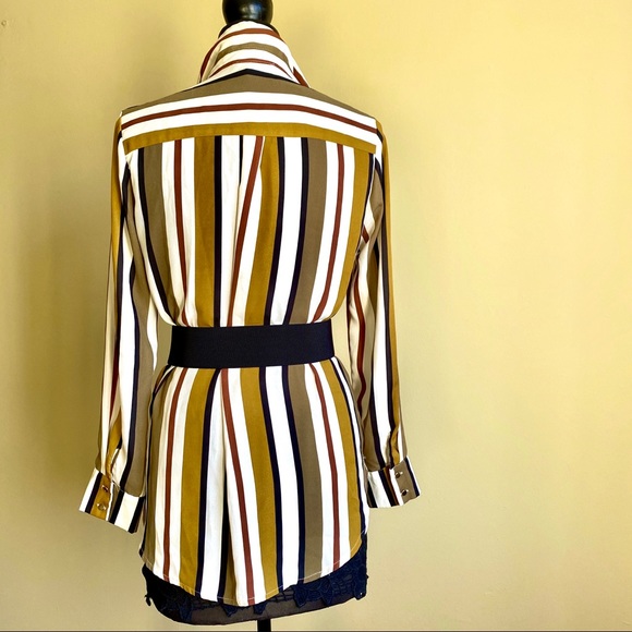 Green Olive White Stripe Long Button-down Blouse 6 - Picture 3 of 16